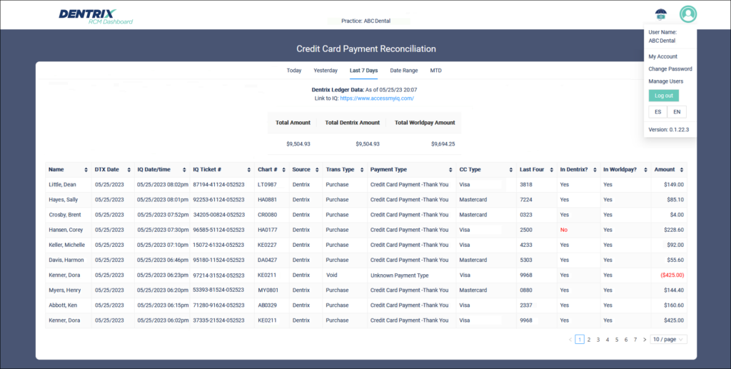 The RCM Dashboard Credit Card Payment Reconciliation report window in Dentrix.